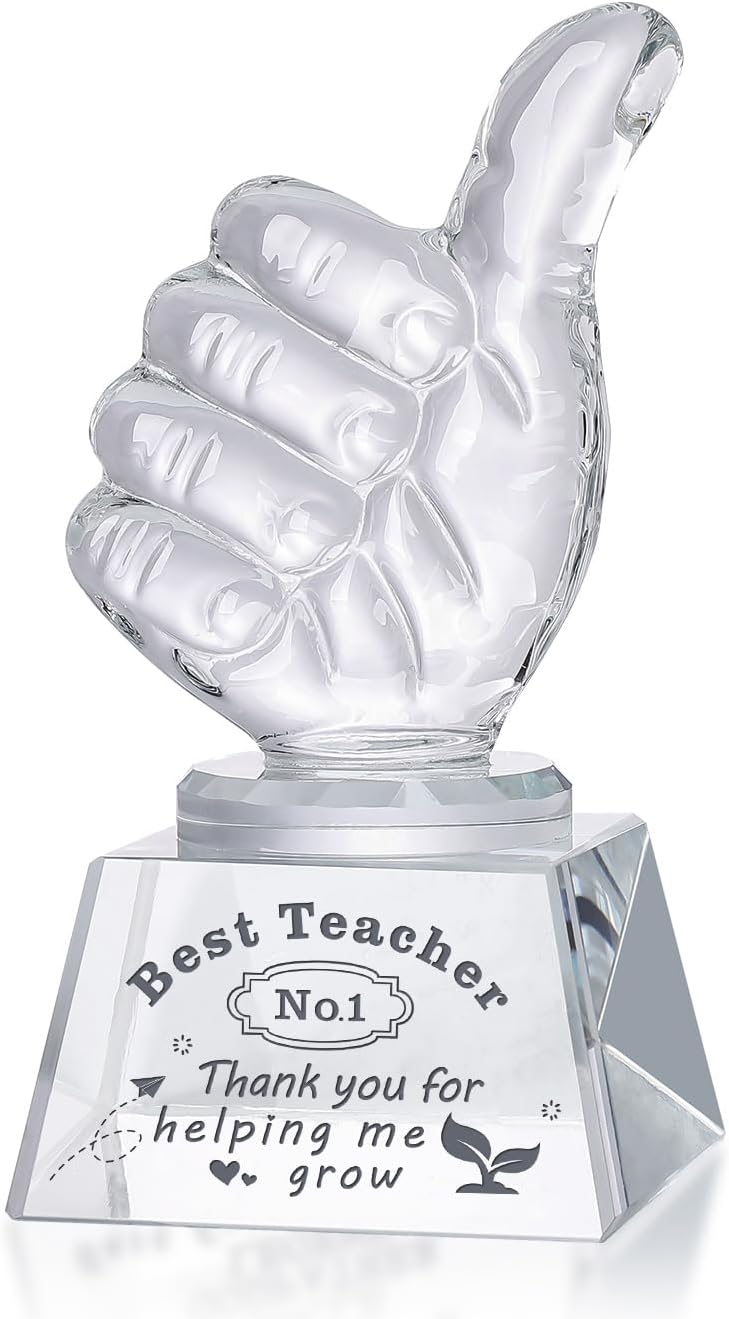 LONGWIN Best Teacher Appreciation Gifts for Women Men, Teacher Christmas Birthday Retirement Thank You Gifts Crystal Awards with Thumbs Up, Unique Present - Image 1